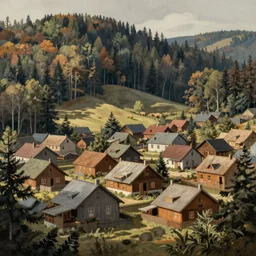 Countryside town landscape. Woodland Village matte painting