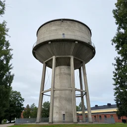the mushroom - shaped concrete water tower of roihuvuori in helsinki, finland was built in the 1 9 7 0 s. it is 5 2 metres ( 1 7 1 ft ) high and can hold around 1 2, 0 0 0 cubic metres ( 4 2 0, 0 0 0 cu ft ) of water.