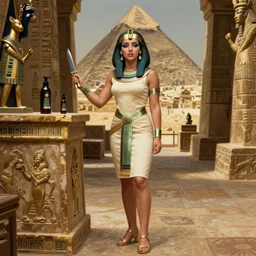 scarlett johansson, dressed in dress, egyptian hair care and egyptian eye makeup, standing near altar, holding knife, full body, as anck su namun from movie mummy 1999, far, egyptian pyramid interior, rembrandt oil painting
