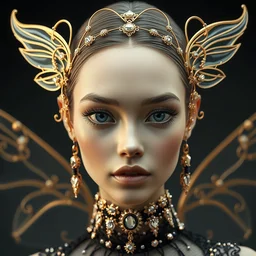 a wide shot portrait of a model in haute couture, elegant, sophisticated, of a translucent cute dainty, full face frontal centered, big eye, ultra detailed wire decoration, golden wings, realistic jewels, by nixeu and guweiz weta, sleek curves, intricate sharp focus, trending on artstation, deviantart, pinterest, unreal engine