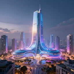 futuristic city hall overlooking city skyline, cyberpunk, neon, by ricardo bofill, luminescent concept art, unreal engine 5, artstation highly detailed, digital art, 8 k hdr, soft lighting, hyperrealistic, godrays