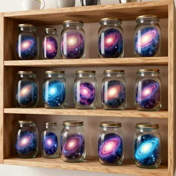 a wooden shelf full of glass jars containing galaxies, concept art, science fiction, futuristic style, illustration, digital art