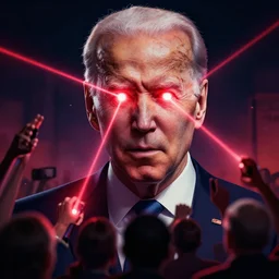 Propaganda art depicting an intimidating Joe Biden with glowing red eyes firing lasers from his eyes into a crowd