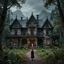 a gothic mansion in the woods with mountains in the back, a trail leads to the doors. amy weber, andi rusu, Dan Frazier, matte painting