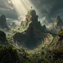 a fractal psychedelic mountain reaching from a void, an ecological gothic scene, a single machine elf in the distance, the fabric of reality poking through the edges, magical clearing, sunshafts, dramatic lighting, dust motes floating in the sunlight, psychedelic 4 k concept art