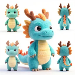3 d render of felt cute dragon, colorful, vibrant, character turnaround, character design sheet
