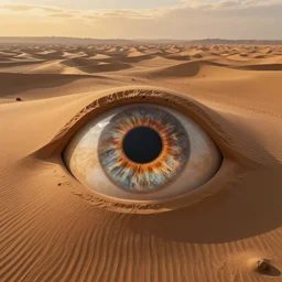 wide!!! landscape photo of desert that resembles the shape of human pupil!! and iris!!!, high detail, drone photo, golden hour, medium format