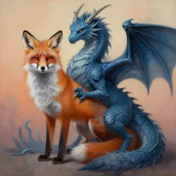 painting of hybrid between fox!!! & dragon, intercrossed animal, mixture animal, by tiffany bozic, by zdzislaw beksinski, by vladimir kush, cold hue's, warm tone gradient background, concept art, beautiful composition, digital painting