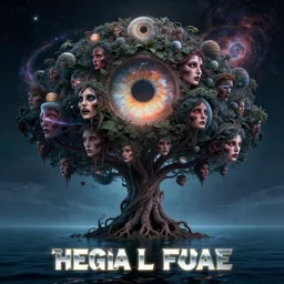 a god tree from which planets or galaxies hang instead of futas, the tree is on top of a calm sea, in the background there is an eye whose iris coincides with the tree. fantasy art, horror, photo realistic, dynamic lighting, artstation, poster, volumetric lighting, very detailed faces, 4 k, award winning
