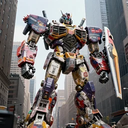 a giant mecha robot made of stop signs in manhattan, hyper realistic, highly detailed, cinimatic, shadows, scrap, signs, 8 k, photo, movie still