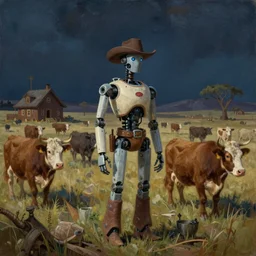 Robot cowboys settling in for the night after a long day herding alien cows, old west landscape oil paint on canvas