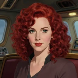 close portrait. ship interior bg. screenshot of a scene in scifi of christina hendricks painted by norman rockwell. character designed by hideaki anno. curly deep red hair. digital. lighting by james gurney. trending on artstation. masterpiece. artgerm alphonso mucha greg rutkowski.