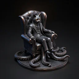 isometric view 2 8 mm miniature statue - cat lap on howard phillips lovecraft dressed suit sit in tall leather armchair pet, big tentacle as circle lie on floor, and wall darkness, cast iron material, black background, octane render, backlight, highly detailed intricate matte sharp focus digital painting artstation pixiv
