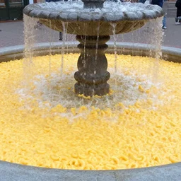 a public fountain filled with macaroni and cheese