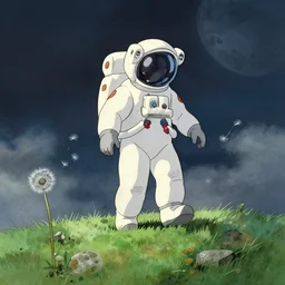 a wholesome animation key shot of a lonely astronaut taking the first step on the grass moon, studio ghibli, pixar and disney animation, sharp, disney concept art watercolor illustration by mandy jurgens and alphonse mucha and alena aenami, pastel color palette, dandelion seeds float, gloom, dramatic lighting