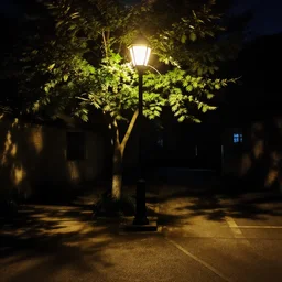a dark alley illuminated by a lamp post behind a green tree, leaves cast shadows on the pavement, atmospheric, warm summer nights