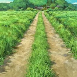 rural country road with grass growing in - between paths, deep focus, intricate, in the style of haibane renmei, by studio ghibli, makoto shinkai, cinematc lighting, 4 k