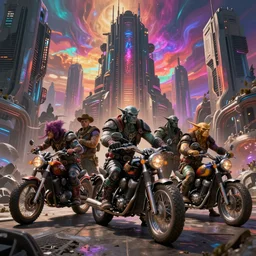 psychedelic post apocalyptic orcish biker gang posing in front of scifi city ruins, sharp focus, cinematic shot, psychedelic colors, artstation, cgsociety