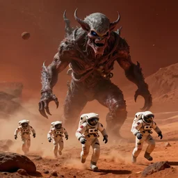 An eldritch monster found on Mars, terrified astronauts running away, horror cinematic concept art