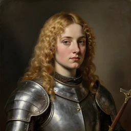 saoirse ronan, blonde curly hair, wearing medieval armour, portrait, oil painting by titian, hard focus