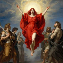ascension of the scarlet woman by caravaggio adolf wolfli beksinski jan van eyck giger, fantasy, ascension to heaven, damned souls, golden sun, triangle, ecstatic visions, religious ritual, epiphany ascension, conical red hood, gold emerald