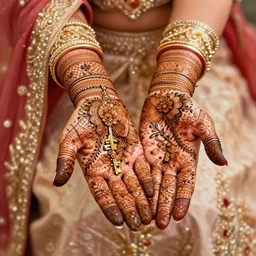 key visual digital painting of beautiful bridal mehndi design artwork on hand. dholkis, palkis, bride - groom artwork, mandap, kalash, paisleys, florals, chequered, dots design styles and patterns. highly detailed and ornate.