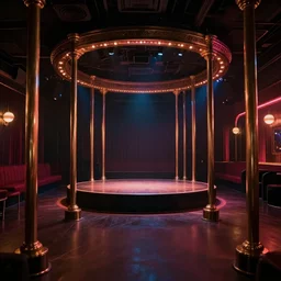 the inside of magic city in atlanta, empty strip club, a stage with strip poles, empty stage, trending on artstation, depth field, unreal engine, cinematic, hyper realism, high detail, octane cinema 4 d render, a 2 4 cinematography, 8 k
