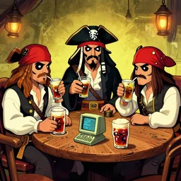 Three important pirates drinking grog in a tavern table 16 bit computer art