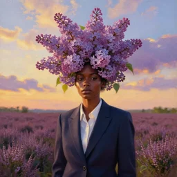a portrait, giant lilac flower as head, black woman in suit in heather field, surreal photography, golden hour, colorful clouds, impressionist painting, digital painting, artstation, simon stalenhag