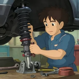 a wholesome animation key shot of an auto mechanic repairing a car suspension with mechanic tools in the garage, close up shot, portrait, expression, studio Ghibli, Pixar and Disney animation, sharp, Rendered in Unreal Engine 5, anime key art by Greg Rutkowski, Bloom, dramatic lighting