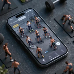 people in fitness suits training in an environment of ui element of mobile application, aerial shot, unreal engine 5, fine details, artstation, masterpiece, 4 k, volumetric light, depth of field, intricate art, digital art