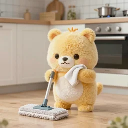 a cute stuffed animal that wipes the kitchen floor with a mop. Detailed photo 8k, HD