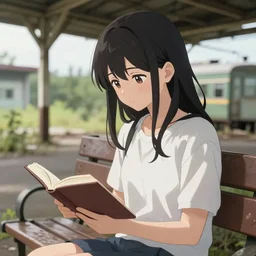 a beautiful girl sitting on a bench reading at an abandoned overgrown train station, establishing shot, close - up focused shot, anime visual render. wlop, rossdraws, detailed anime illustration, detailed stylized portrait, details, 1 0 5 mm f / 2. 8 @ 1 0 5 mm, iso 1 0 0, 1 / 8 0 0, f / 3. 2