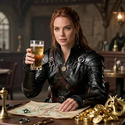 kate beckinsale as thief dnd drink in the inn, weared black leather armor with map, lockpicks, dagger, pile of gold and dragon trophy, looks straight forward, high detail, 4k