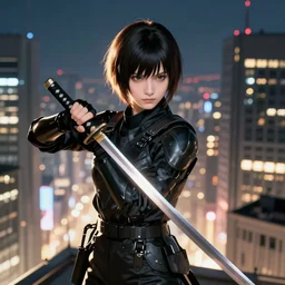 ghost in the shell, front view pretty gril, ninja girl with a katana, skyscrapers in the background, view from the top of a building, glowing lights »
