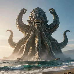 giant color VFX movie of huge cthulhu rising out of the ocean in Malibu morning natural light by Emmanuel Lubezki