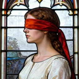 beautiful detailed side - view portrait of philippa eilhart, blindfolded woman, red and orange blindfold, brown pigtails, white dress, gothic stained glass window, masterful