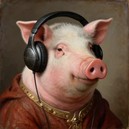 a medieval painting of a pig wearing headphones,