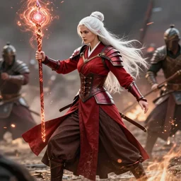 woman with long white hair in the fashion of a bun wearing a red armor robe, brown ribbon style corset with clasp in front, brown long skirt cover legs, holding magical staff with magic emanating from her body, middle of battle, full body, epic, fantasy, cinematic, dynamic lighting, rich color, bioware, dragon age wynne, by greg rutkowski