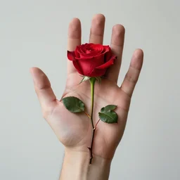 a handpalm with a red rose growing on top of it, blended with skin, tail, thorns, leaves, photoreal