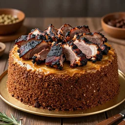 delicious cake made out of BBQ meats, hyperrealistic, stock photo