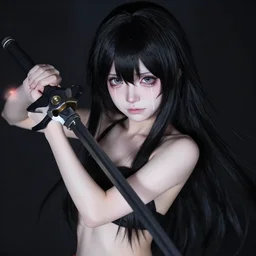 highly detailed beautiful higurashi no naku koro ni when they cry cosplay, warcore, dramatic pose, long black hair and fringe, upper body portrait, clear and perfect eyes, midriff, professional photography overhead lighting, 8 k 3 5 mm, holding weapon, pixiv