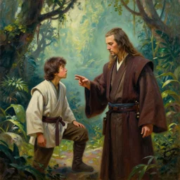 stunning oil painting of a jedi master mentoring a jedi padawan on a lush jungle planet