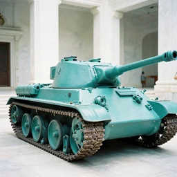 turquoise army tank in a marble temple, film photography, soft lighting, nostalgia, 8 mm