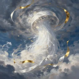 Storm of white ribbons and gold scrolls, swirls, whorl. Clouds, lighting. Fantasy, digital painting, HD, 4k, detailed, vibrant.