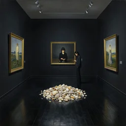 painting of a flooded gallery rooms at a nagasaki art gallery, zen, black walls, black shiny wooden floor, a tall japanese emo woman counting a pile of seashells in a dark room, surrealist, by magritte and monet