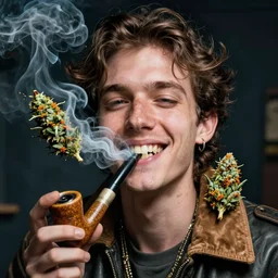 hyper realistic portrait of an androgynous person smoking massive amounts of weed through a corncob pipe, big smile, by greg rutkowski, scott m fischer, artgerm, loish, slight glow, atmospheric, anne stokes, alexandros pyromallis,, 4 k, 8 k