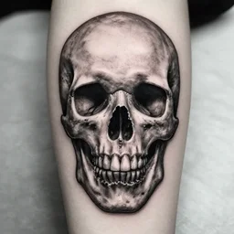 a tattoo design of a creative skull, hyper realistic, black and white, realism, highly detailed