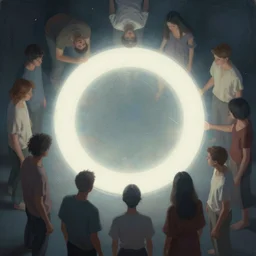 in this painting, a group of people are gathered around a large, circular object. the object is emitting a strange, bright light, and the people seem to be in a trance - like state, digital art, trending on artstation