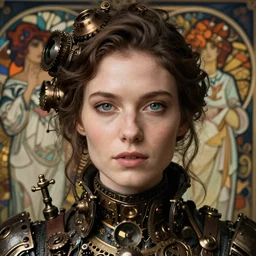 close - up portrait of a beautiful female steampunk in the style of ex machina, karol bak, alphonse mucha, greg rutkowski,